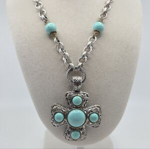 Vintage Designer Inspired Siver-Tone Necklace With Faux Turqouise Maltese Cross